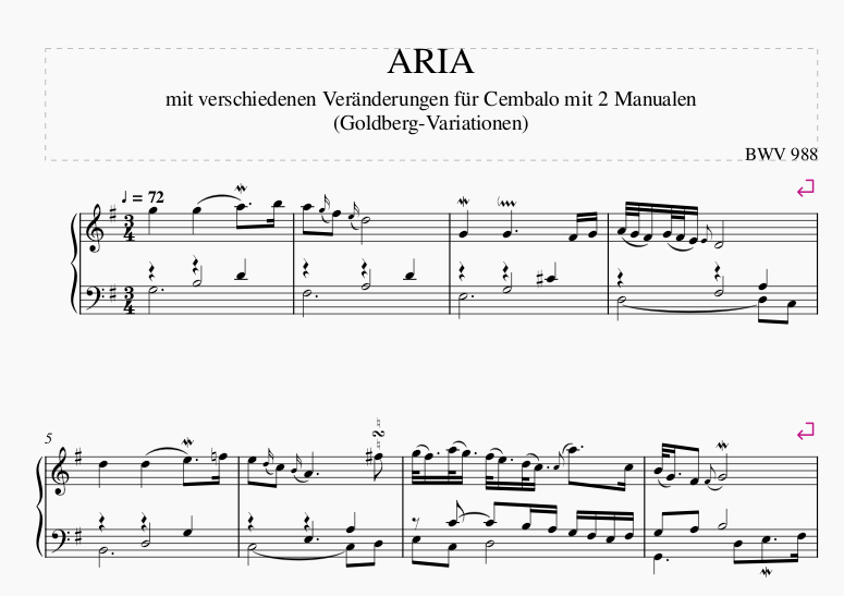 بخش ابتدایی نت پیانو قطعه آریا از واریاسیون‌های گلدبرگ (BWV 988) Goldberg Variations WV 988 Aria